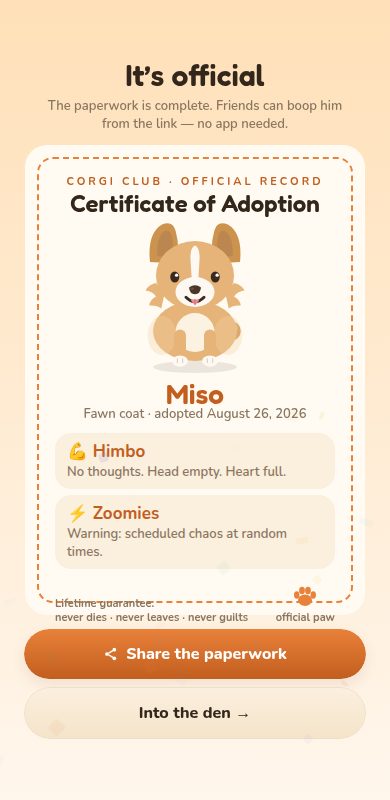 An adoption certificate: the corgi's portrait, name, coat, personality traits and adoption date on a framed card