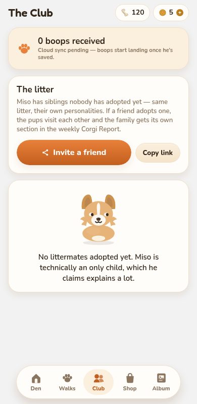 The Club tab: the corgi's boop fame counter, a litter invite card and littermate corgis with boop and gift buttons