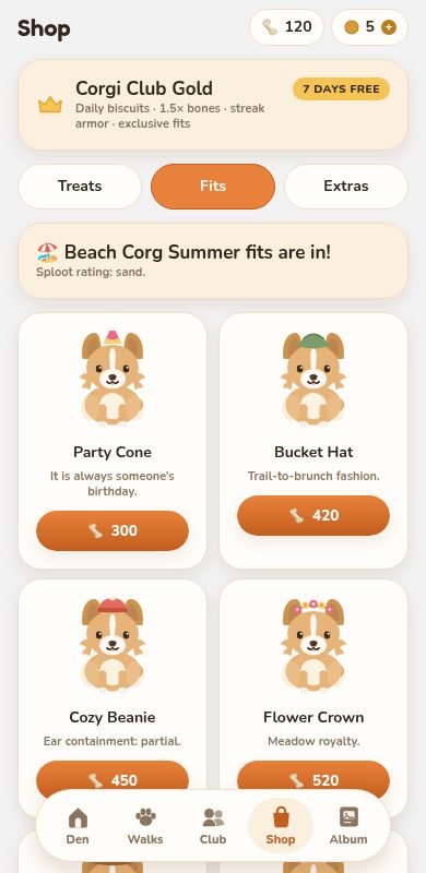The Shop's Fits tab: a grid of hats, bandanas and capes, each previewed on the actual corgi