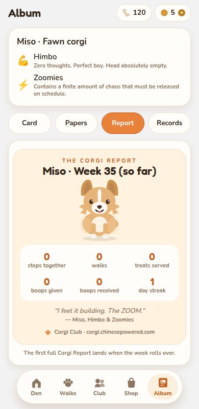 The weekly Corgi Report: a share-ready card with the week's steps, boops, level-ups and a personality quote