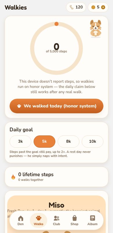 The Walks tab: a big goal ring filling with today's steps, a claim button and walk milestones